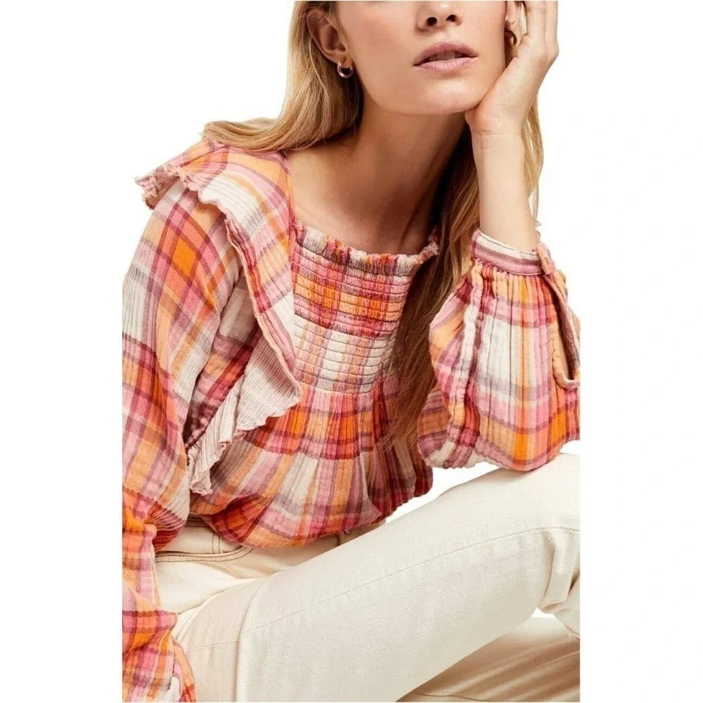 Free People • Siena Plaid Pullover top blouse orange pink smocked peasant